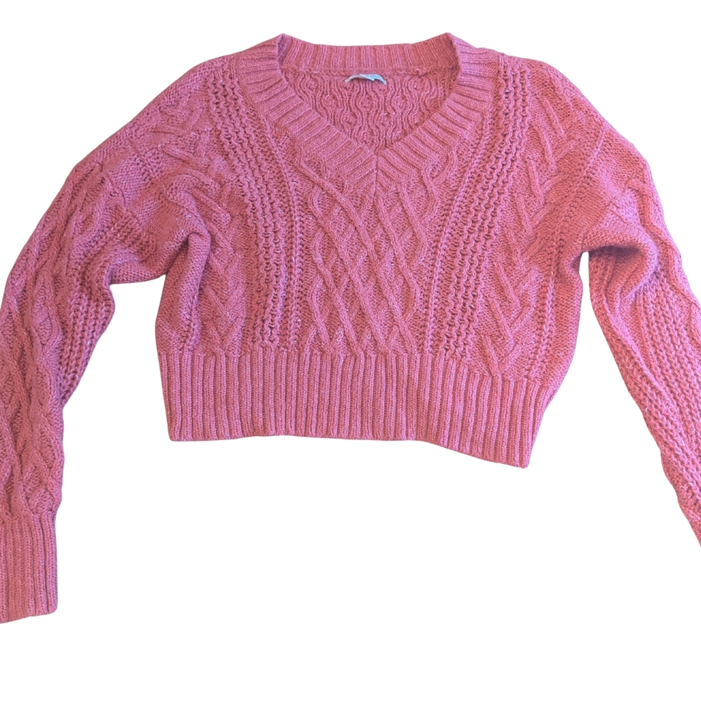 EUC American Eagle Women's Large Pink Cable Knit Cropped Vneck Sweater